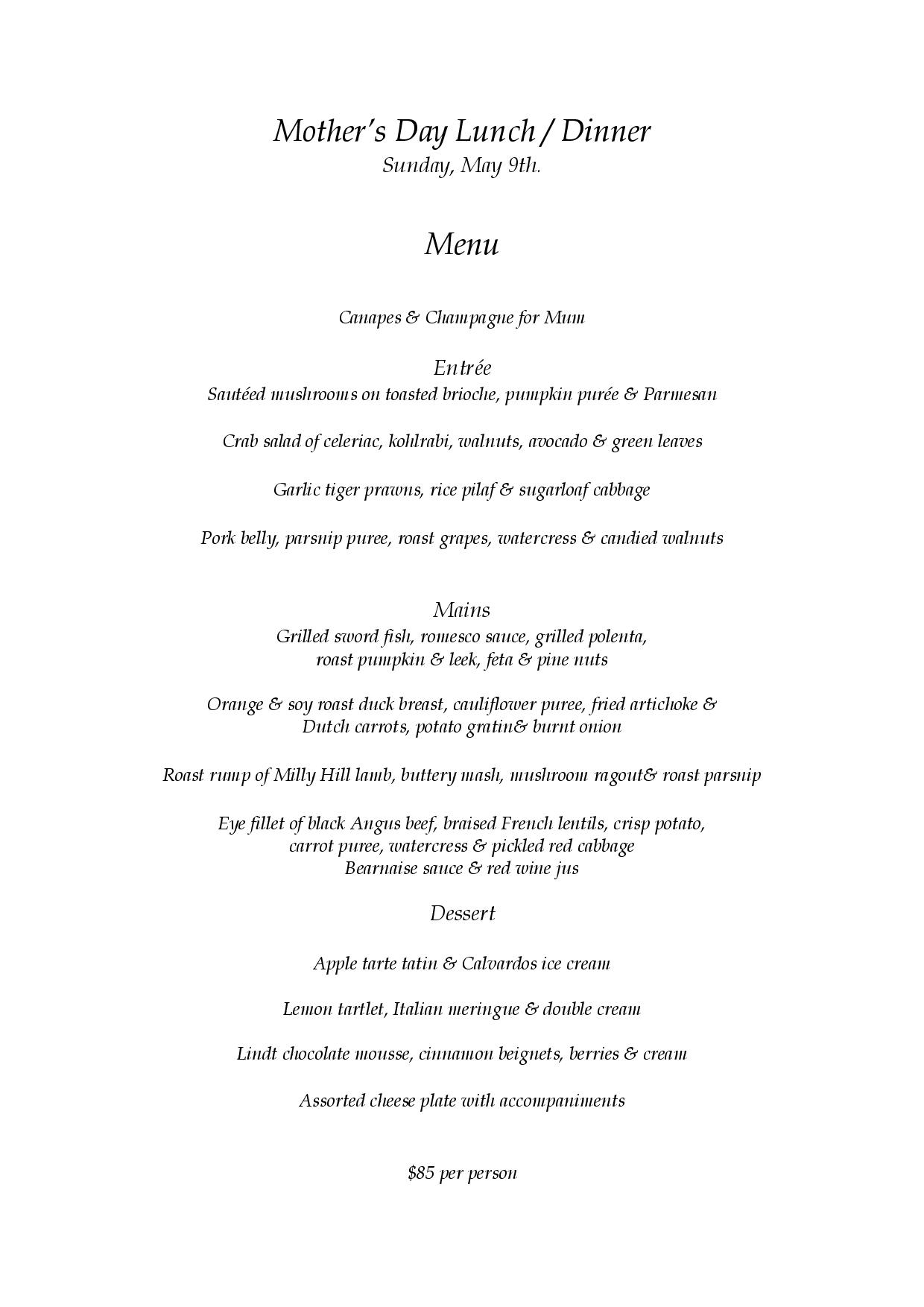 Mother's Day Lunch & Dinner menu