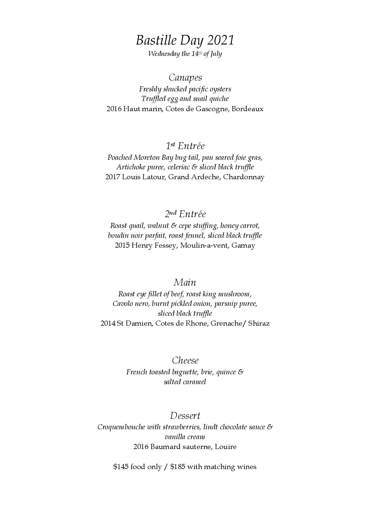Bastille Day Menu 2021