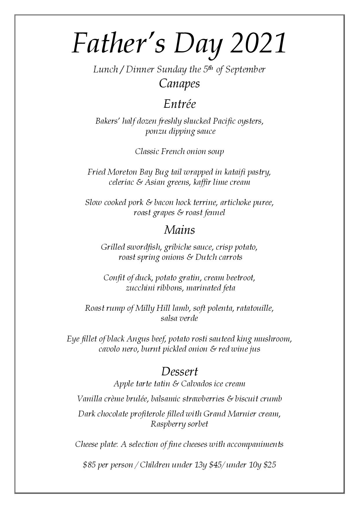 Father's Day Menu 2021